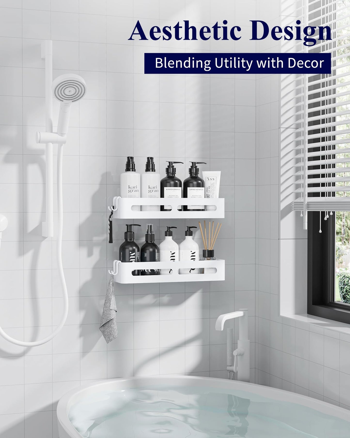Kitsure Shower Storage - 2-Pack, No Drilling Shower Shelf with Large Capacity, Self-Adhesive Shower Caddy with 4 Removable Hooks, White