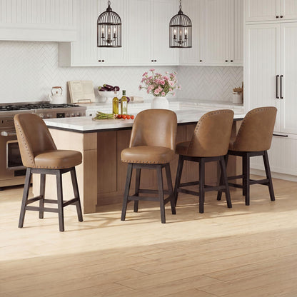 Bar Stools Set of 4, 360° Swivel Counter Stools with Upholstered Seat, Wooden Frame & Nailhead Trim