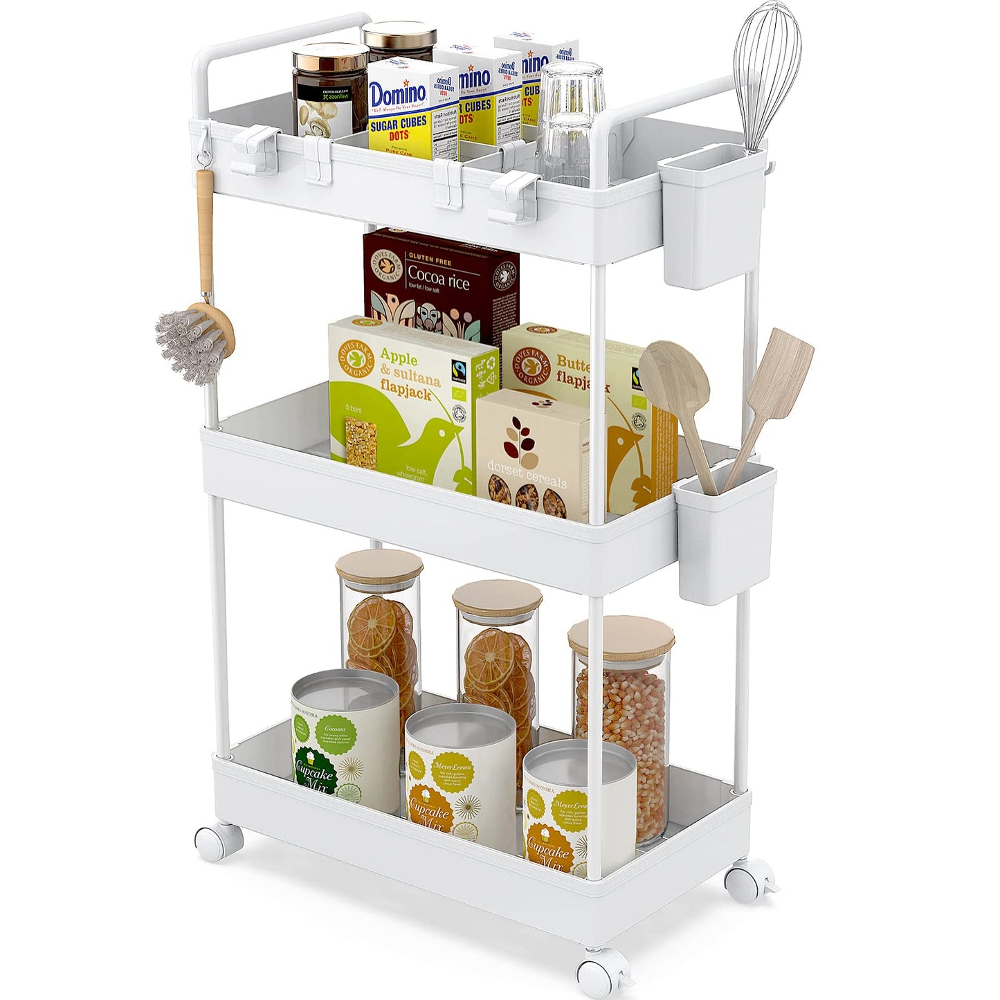 Ronlap Slim Storage Trolley, 3 Tier Rolling Cart Storage Organizer, White