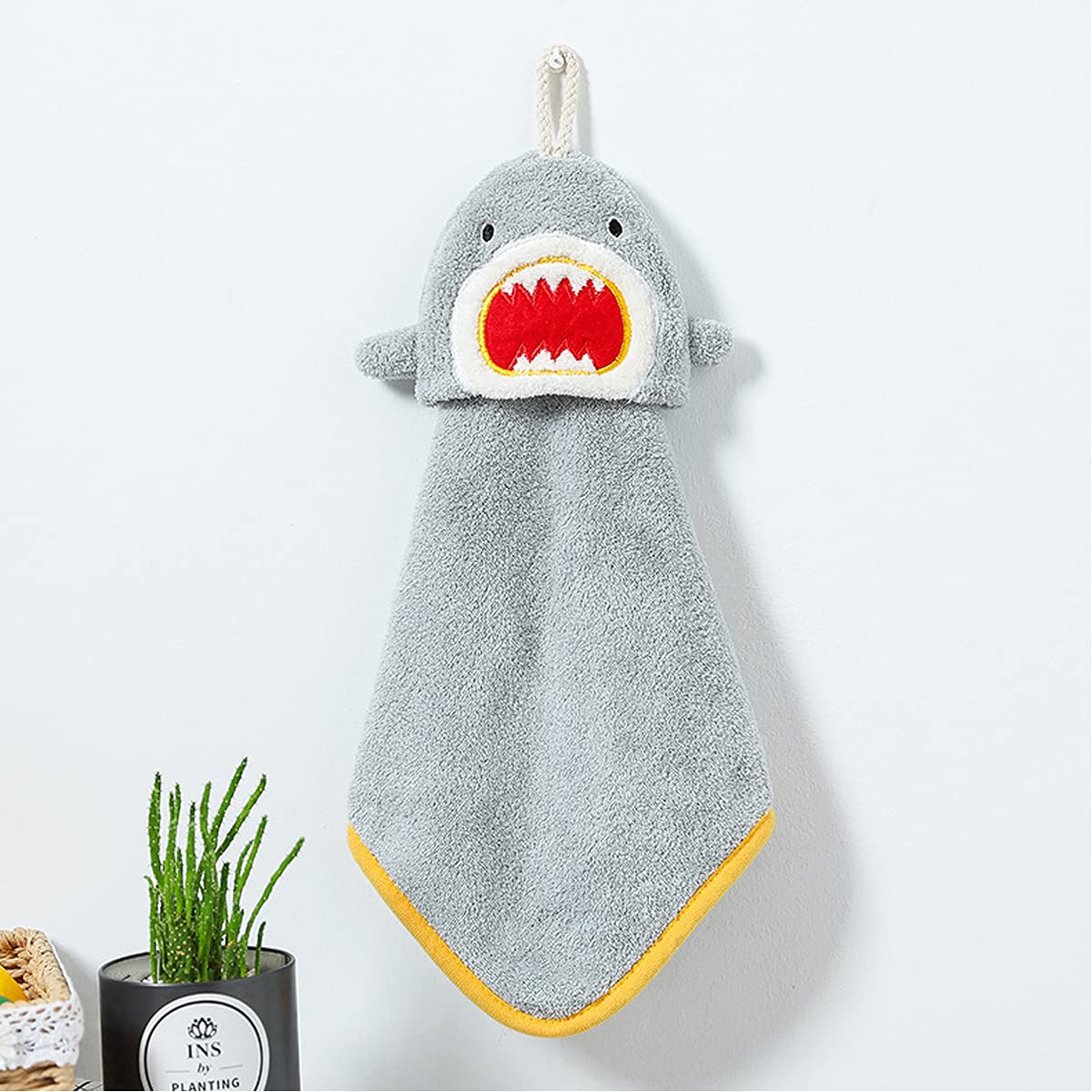 FOMAISELF 3Pcs Cartoon Shark Hand Towels with Hanging Loop, Soft Absorbent Kids Adults Towel, Cute Bathroom Kitchen Hand Towel Yellow Blue Grey