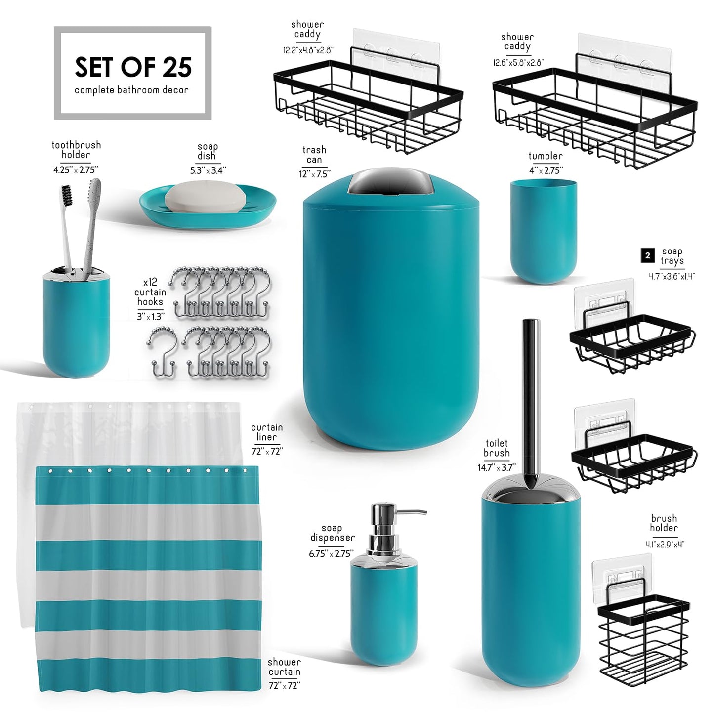 Clara Clark Bathroom Set - Bathroom Set with Adhesive Corner Shower Caddy Hanging, 25PC Bathroom Accessory Set, Teal Shower Curtain Set, Toilet Brush
