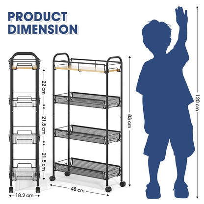 KINGRACK 4-Tier Slim Rolling Cart, Metal Utility Cart, Slide Out Storage Cart with Wooden Tabletop and Mesh Baskets for Narrow Space on Kitchen