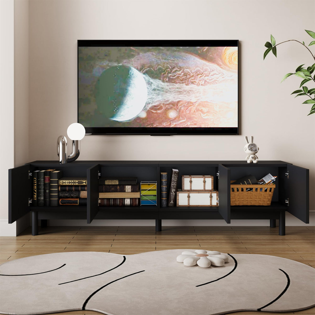 Ball & Cast TV Stand Cabinet, Black TV Unit Storage Cabinet with 4 Doors, Curved, Wave-Shaped Doors Design, Stabilizing Legs, 169 x 34 x 45.5 cm