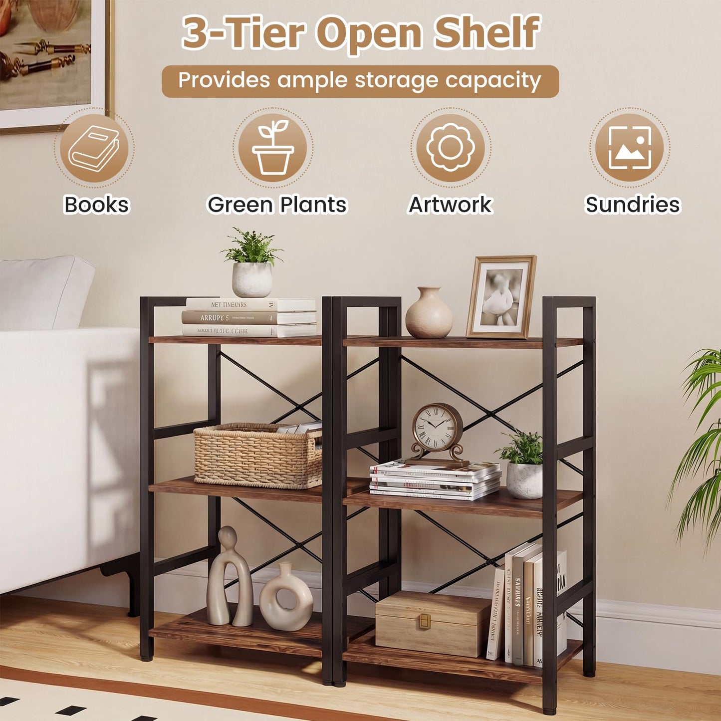 CASART 3/5-Tier Bookcase (Rustic Brown, 42 x 28 x 71cm)