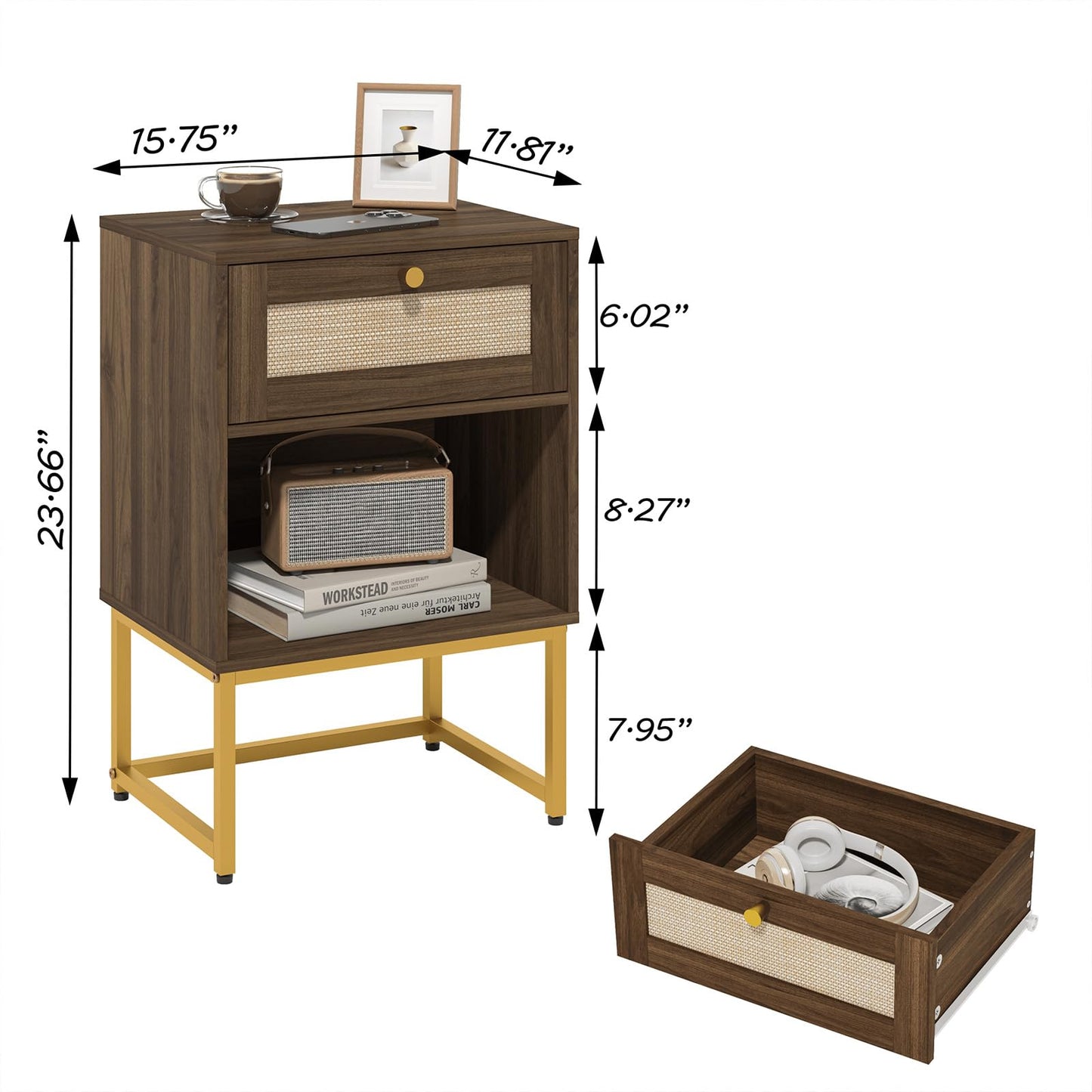 JERX Rattan Bedside Table, Farmhouse Wood Nightstand with Storage Drawer and Open Shelf Small Bedside Cabinet for Bedroom,Living Room,Office Walnut