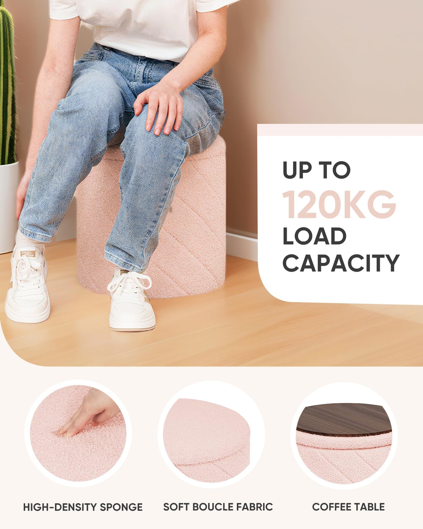 Bonlife Folding Round Ottoman Stool, Folding Footstool with Storage,33cm
