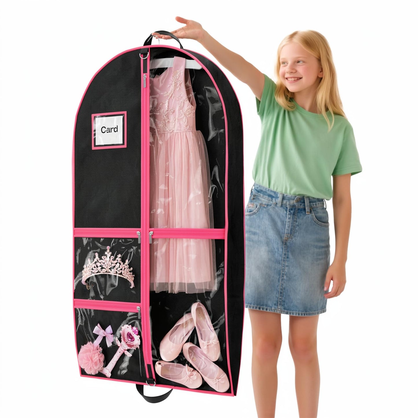 Costume Garment Bags for Dancers, Garment Bags with 3 Clear Zipper Pockets, Clothes Covers Protector Bags for Suits, Travel & Sports Jersey