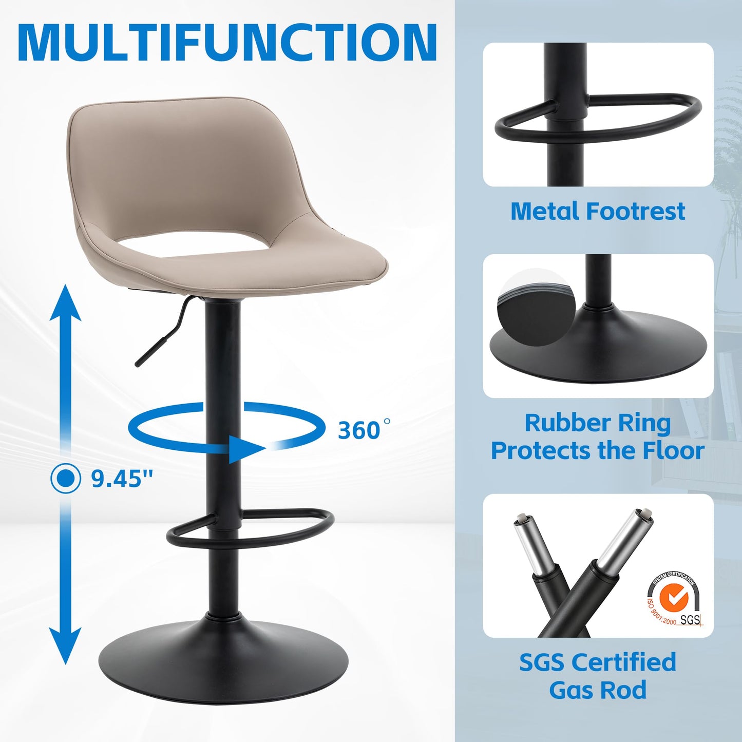 YOUNIKE Modern Swivel Bar Stools Set of 2, Adjustable Counter Height Faux Leather Upholstered with Back for Kitchen Island, Khaki