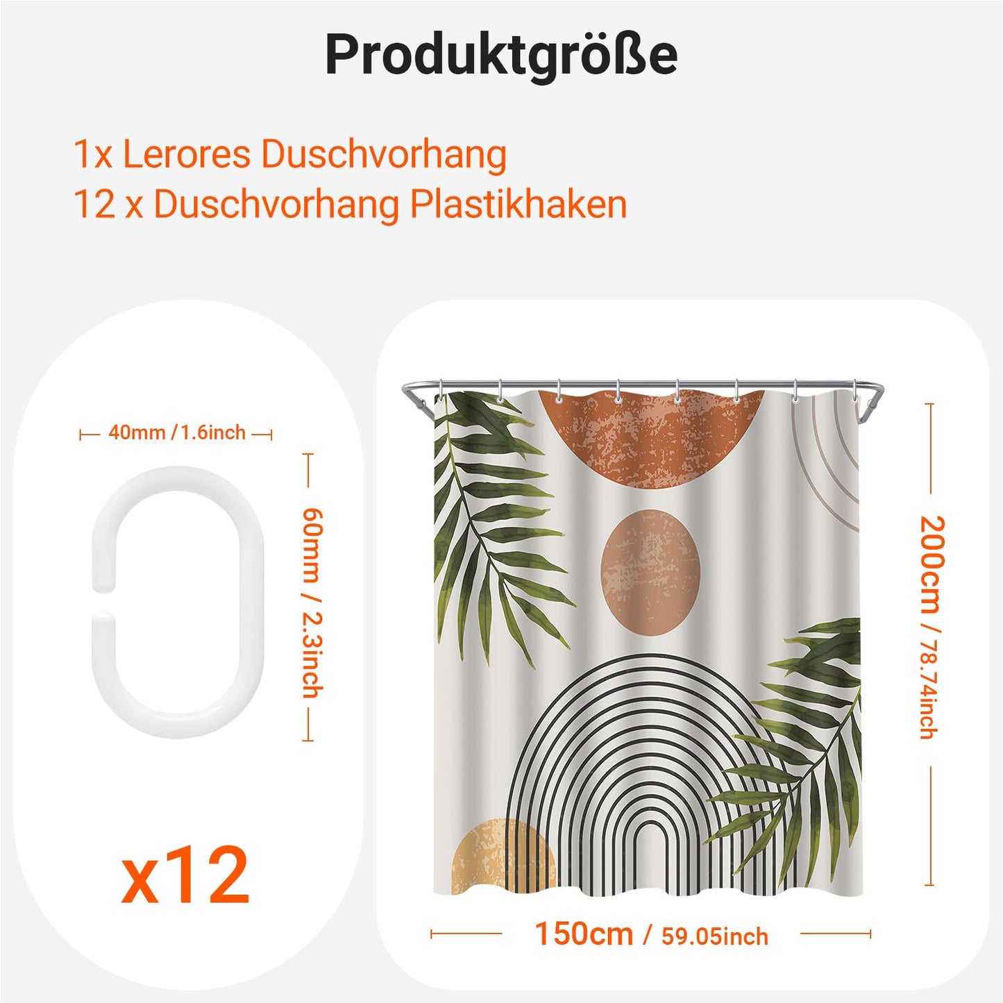 Lerores Shower Curtain, 150 x 200 cm, Leaf Line, Weighted Hem, Anti-Mould Textile, Water-Repellent