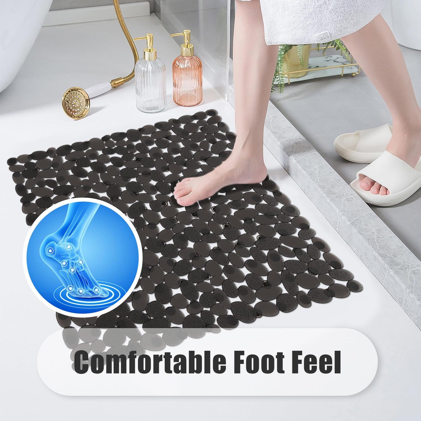 AMFUN 54x54CM Anti Slip Square Shower Mats,Clear Pebbles Shower Bath Mat, Machine Washable Bath Mat with Strong Suction Cups Grip and Drain Holes for