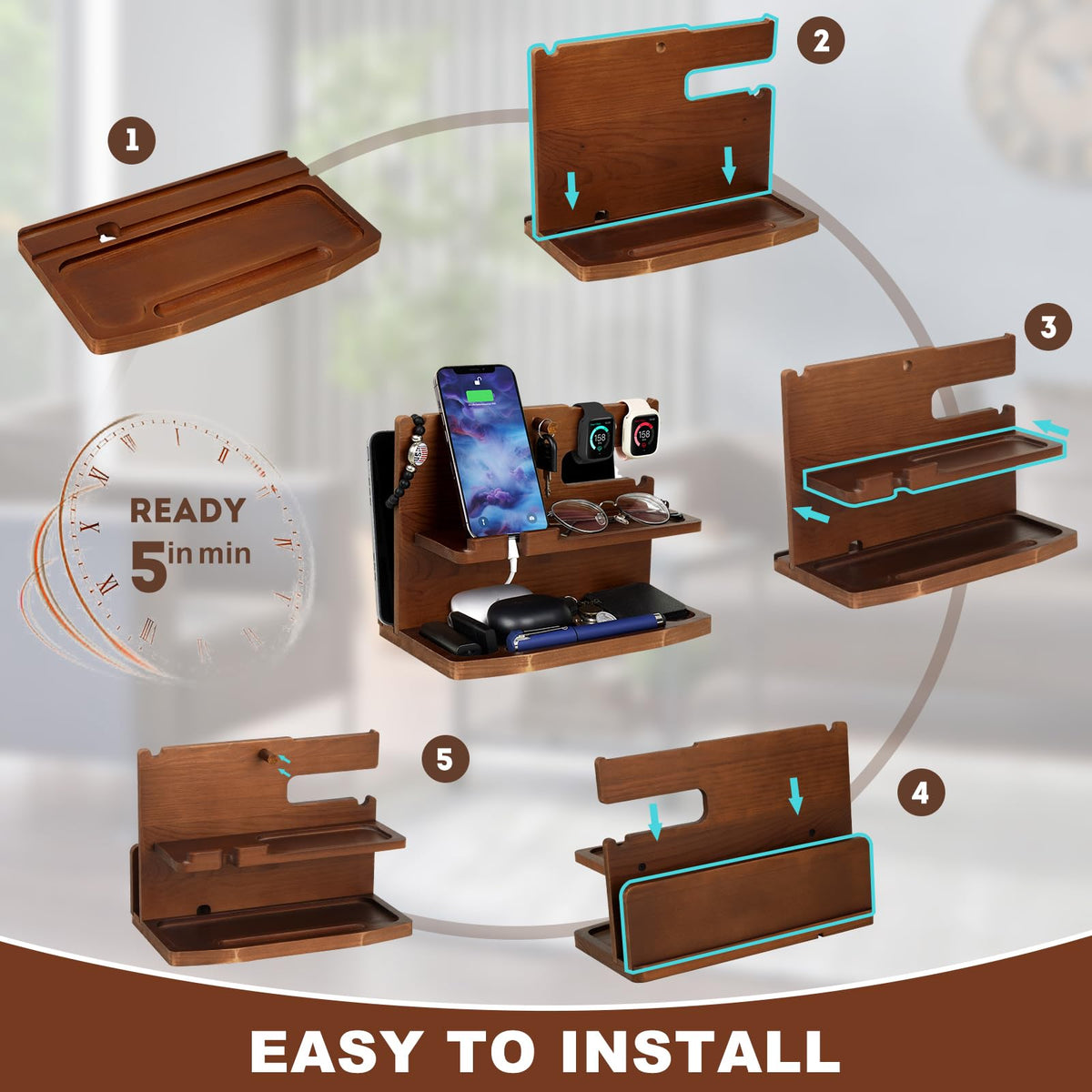 AliveByte Wooden Phone Docking Station for Men - Bedside Table Organiser - Brown Wood - Compatible with All Mobile Phones - Desk Accessories for Men