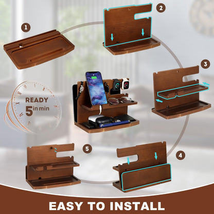 AliveByte Wooden Phone Docking Station for Men - Bedside Table Organiser - Brown Wood - Compatible with All Mobile Phones - Desk Accessories for Men