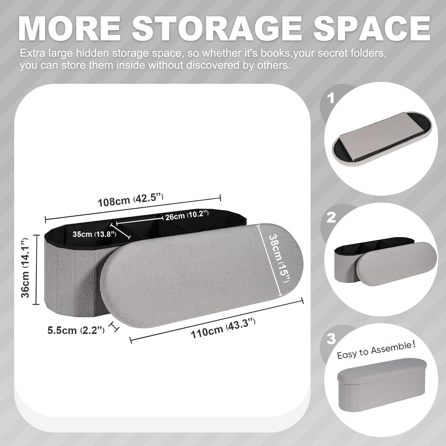 PINPLUS Foldable Oval Ottoman Storage Bench, Grey, 110x38x38 cm