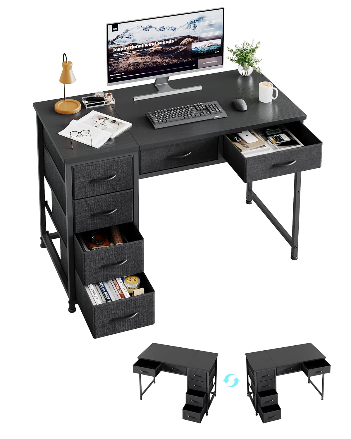 MUTUN 100x48 cm Desk, Small Computer Desk with 6 Fabric Drawers, Reversible Home Office Desk with Adjustable Feet, Work Desks for Office, Study