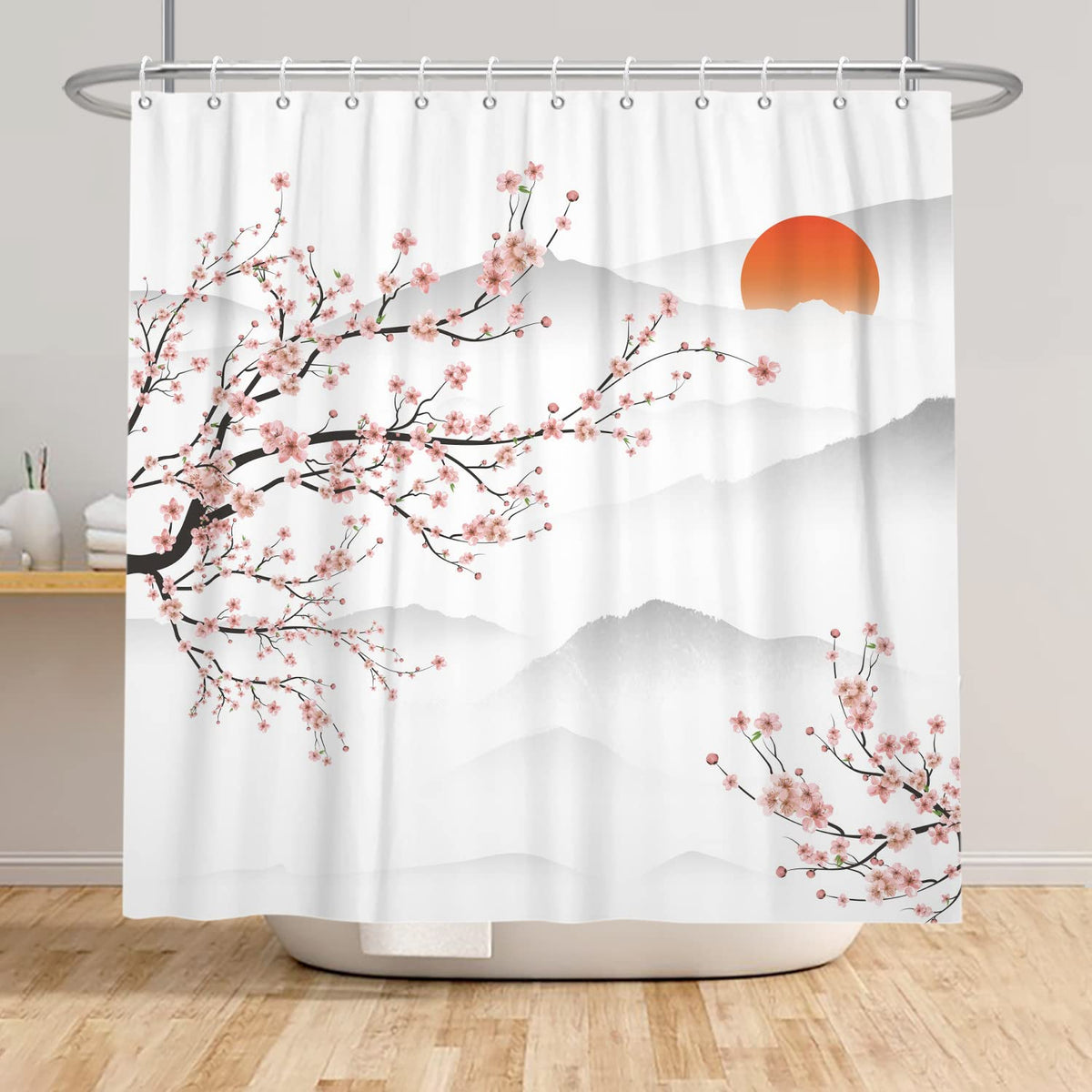 SDOTPMT 120x180cm Asian Cherry Blossom Shower Curtain Japanese Mount Fuji Peach Blossom Branch Bathtub Curtain Sunrise Mist Bathroom curtain for