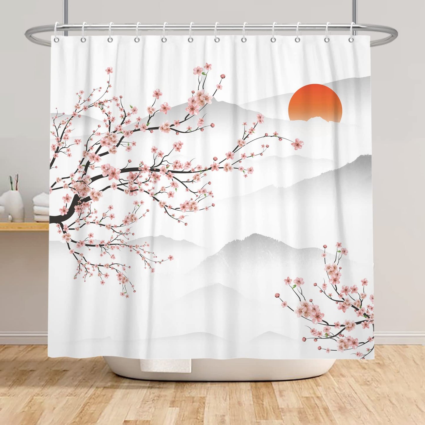 SDOTPMT 165x180cm Asian Cherry Blossom Shower Curtain Japanese Mount Fuji Peach Blossom Branch Bathtub Curtain Sunrise Mist Bathroom curtain for
