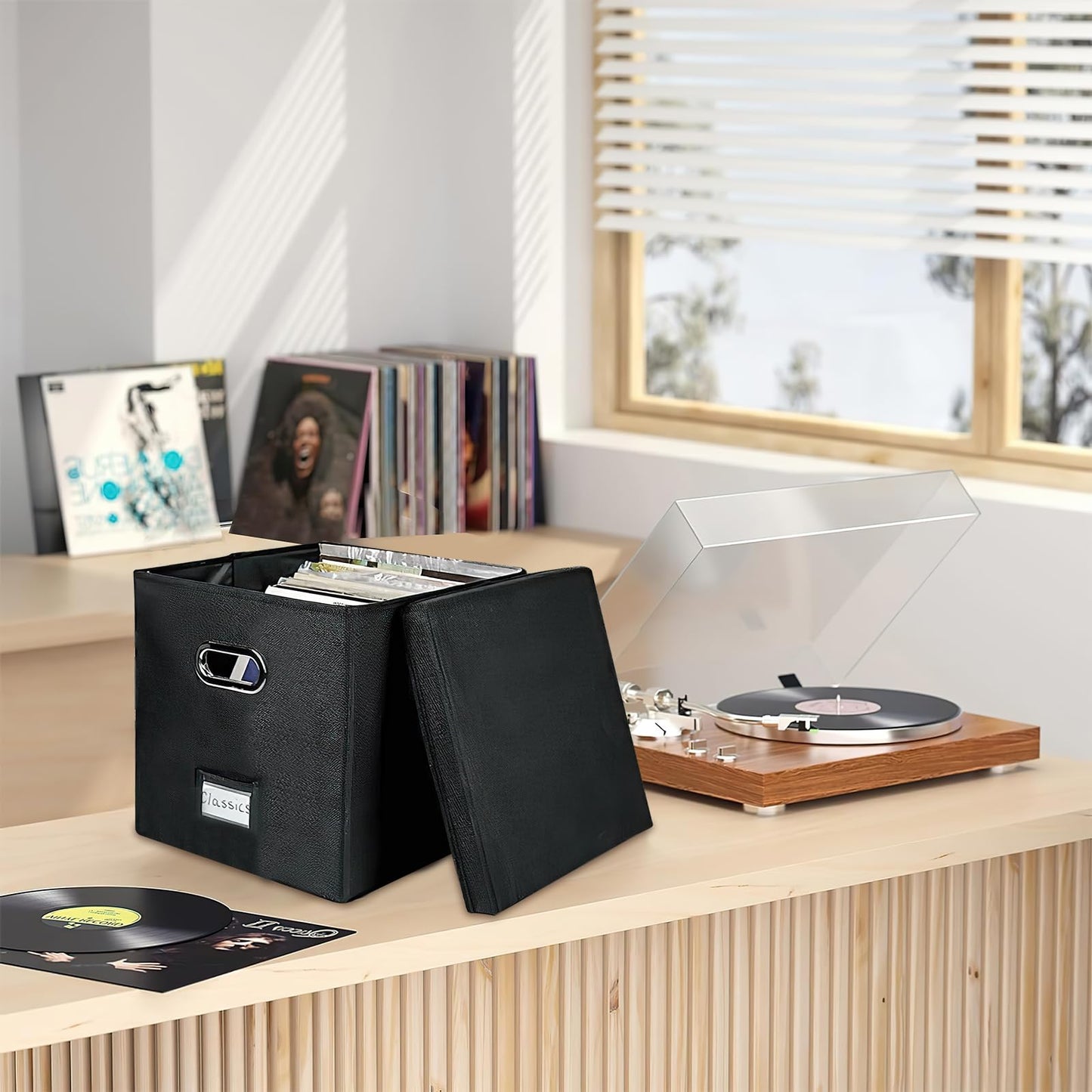 4 PCS 12-inch Vinyl Record Storage Box,Folding LP Case with Lid & Handle