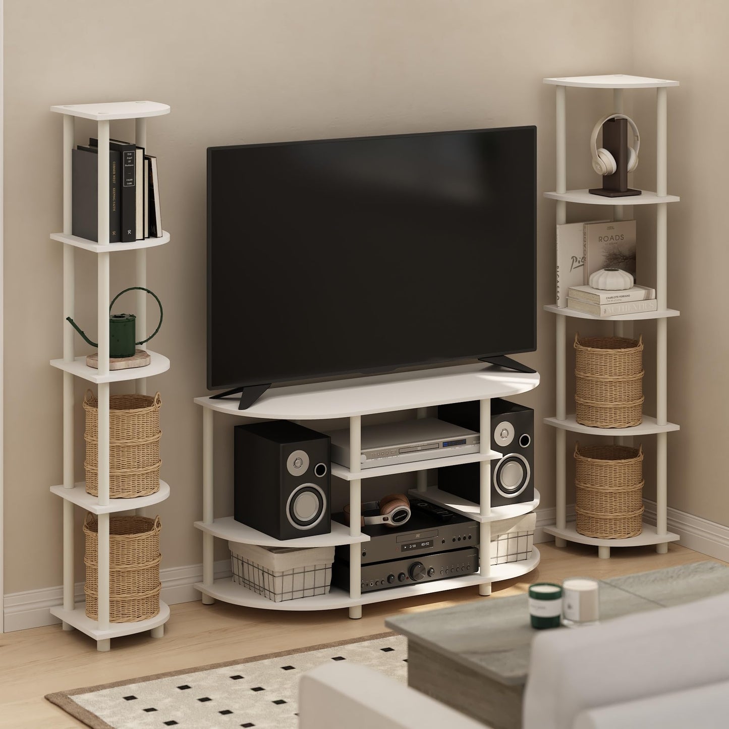Furinno JAYA TV Stand, Simple Design Corner Entertainment Center, TV Console for TV up to 46 Inch, for Living Room, Bedroom, White
