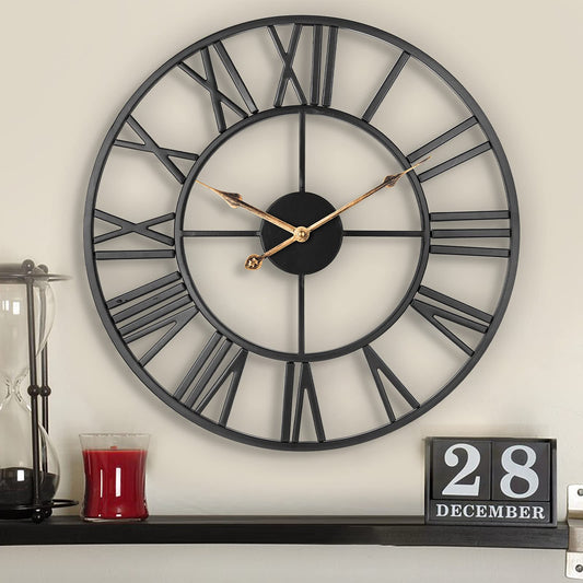 ARVINKEY Silent Wall Clock, European Farmhouse Vintage Clock with Roman Numerals, 47cm Non-Ticking Battery Operated Metal Skeleton Decorative Clock