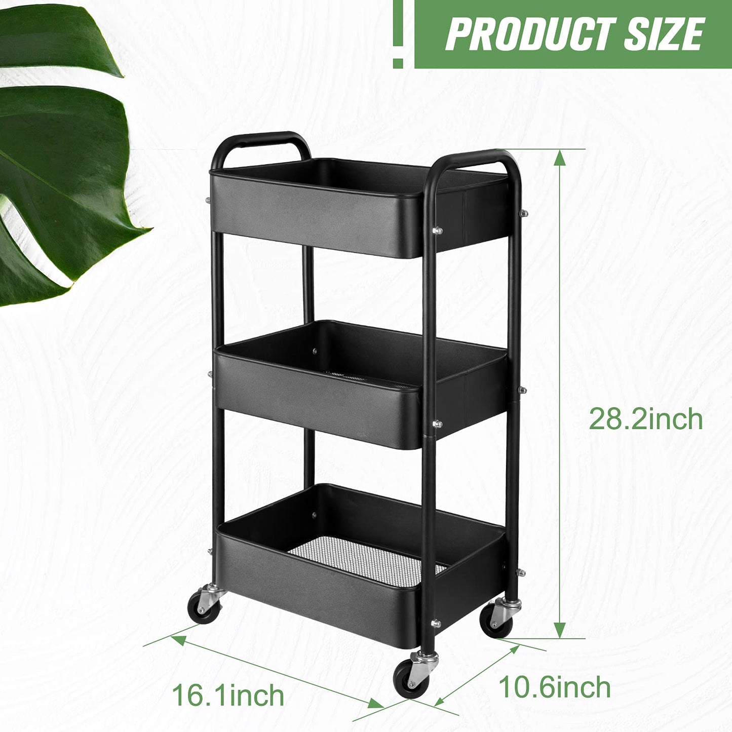 3-Tier Metal Storage Organizer Rolling Utility Trolley Cart - Home Kitchen Bathroom Bedroom Office Classroom Laundry Cleaning Supplies Bar Craft