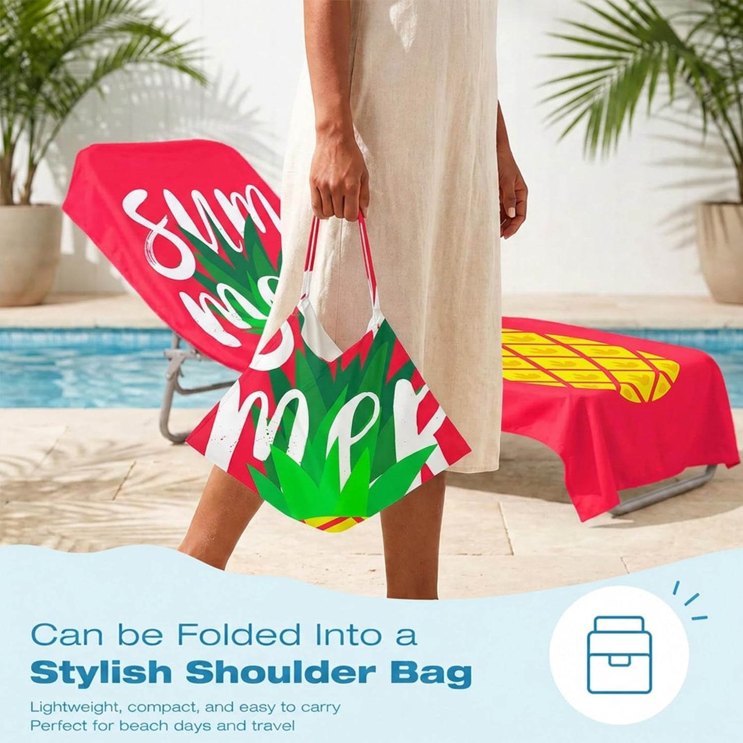 Surwin Sun Lounger Towel with Pockets, 3D Juice Print Quick Dry Beach Towel, Microfiber Sunbed Towels Travel Lounger Bag for Loungers Summer Holiday