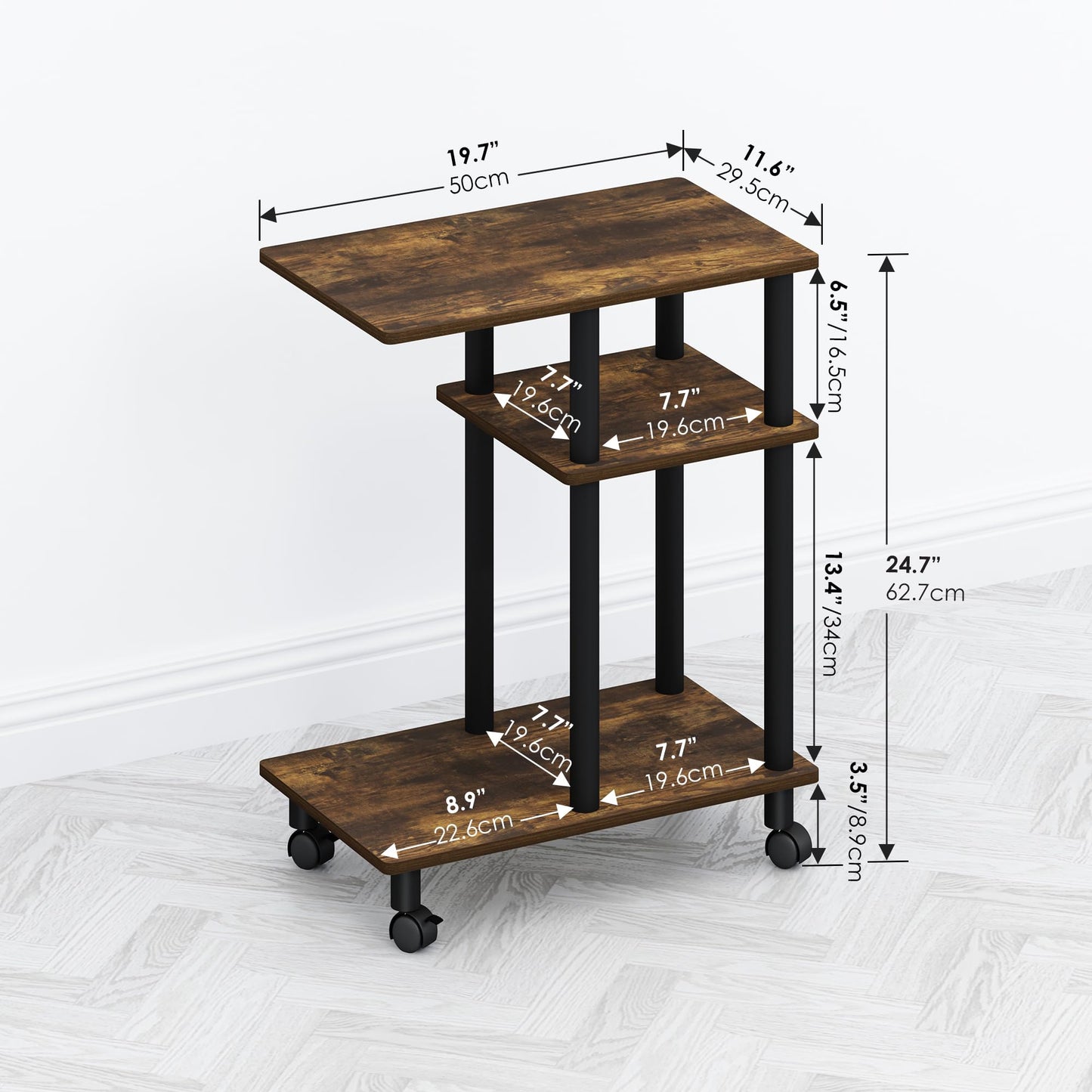 Furinno TOMI Side Table, 3-Tier C-Shape Open Shelf End Table with Wheels, Night Stand, Bedside Table, Toolless Assembly, for Living Room, Bedroom