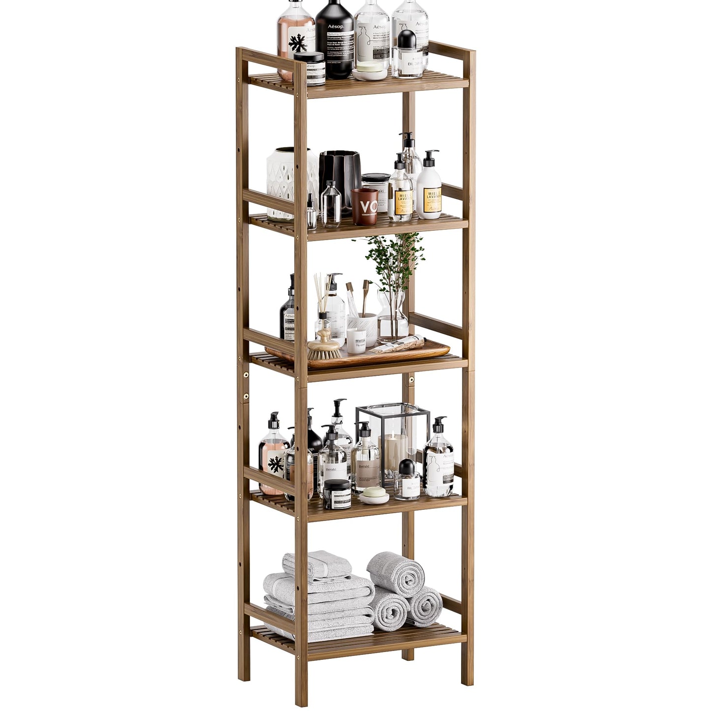 HITNET 5-Tier Tall Bookcase, Narrow Adjustable Bamboo Book Shelf for Small Spaces, Floor Standing Storage Organizer Rack for Home Office