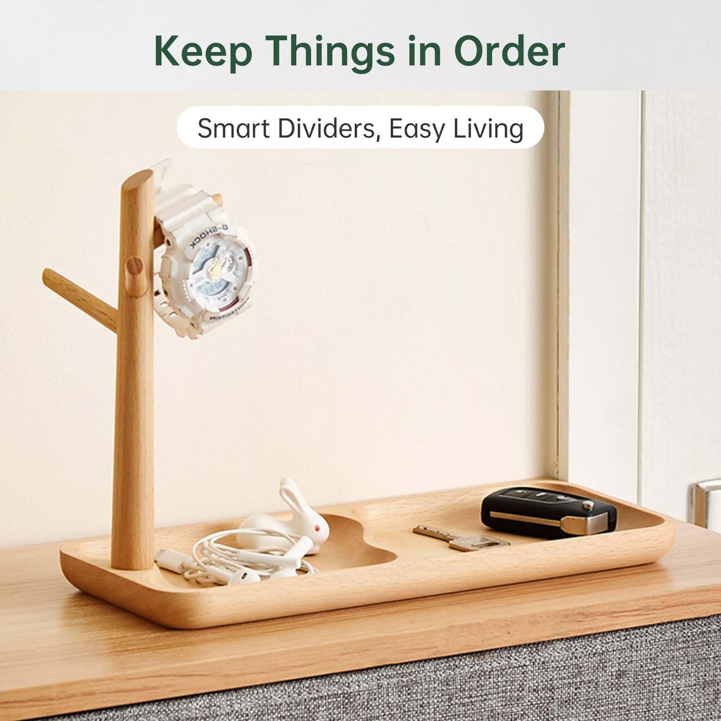YESWOOD Solid Beech Catch-All Tray, Wooden Desk Organiser with Branch Holder for Jewellery & Accessories, Modern Entryway Tray