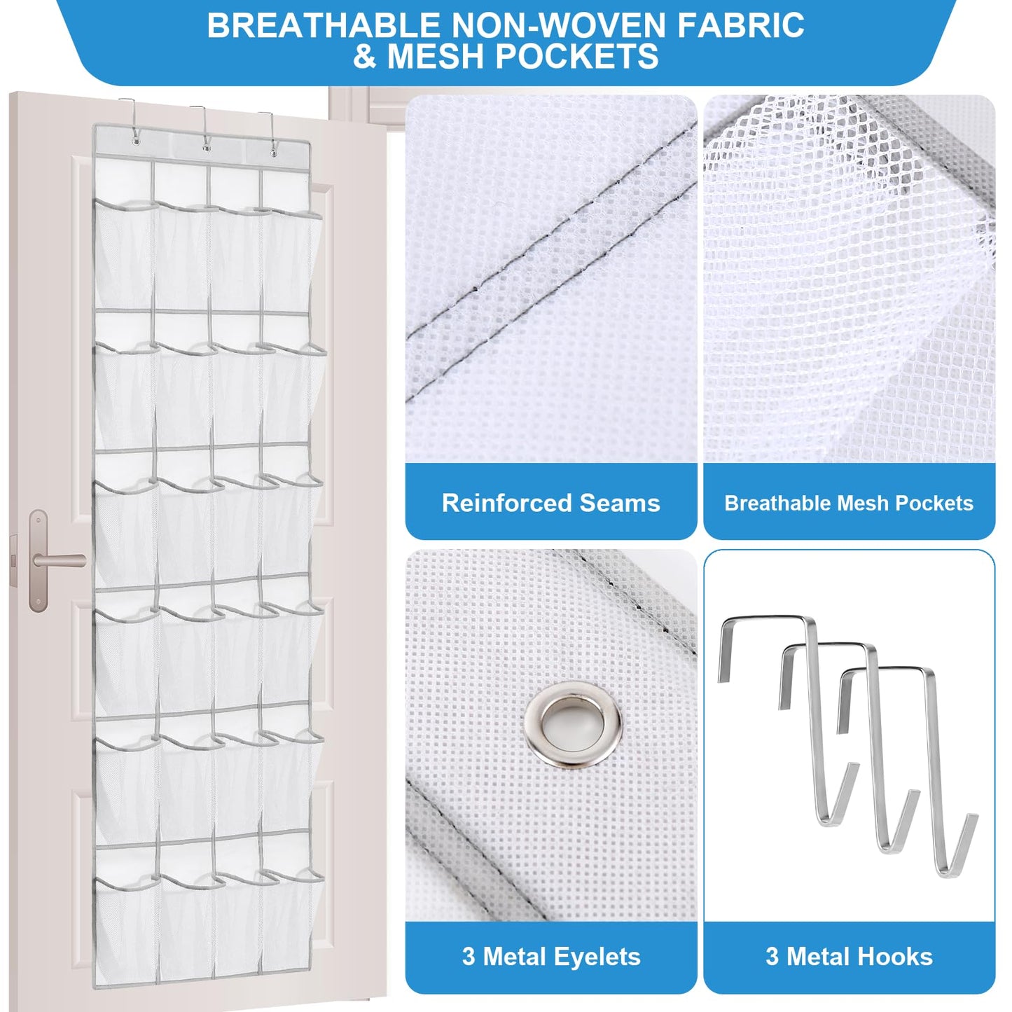 Suacculent Over Door Shoe Organiser, 24 Large Mesh Pockets & 3 Hooks, White