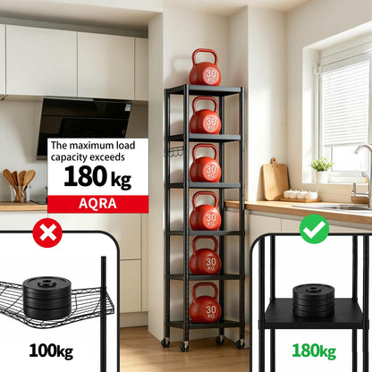 AQRA Kitchen Storage Rack, 12×16×62 inwith castors, 6-Tier Kitchen Shelving with 4 Hooks, Total Load Capacity 395 lbs