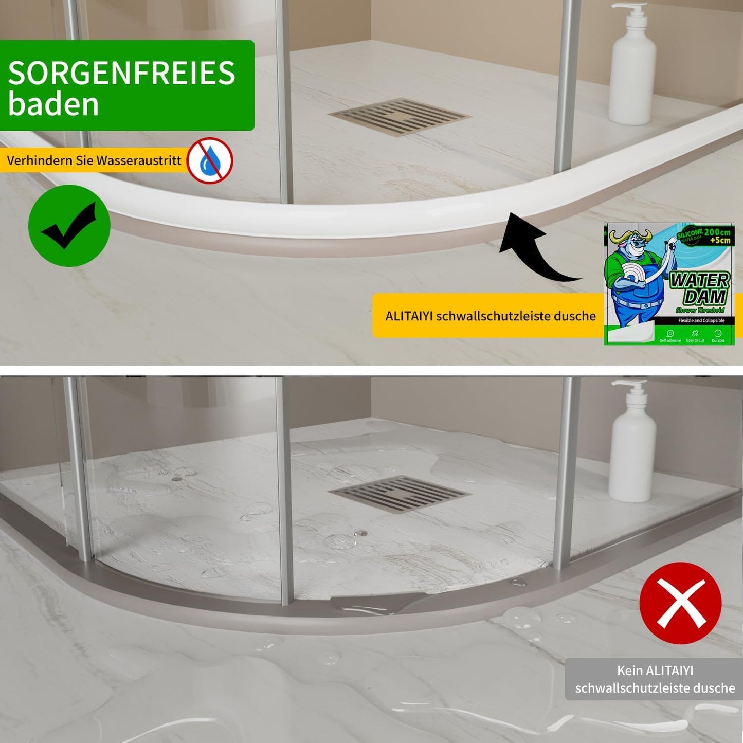 ALITAIYI Wet Room Floor Barrier for Shower,Self-Adhesive Shower Threshold Water Barrier,Collapsible Silicone Shower Tray Sealing Strip Water