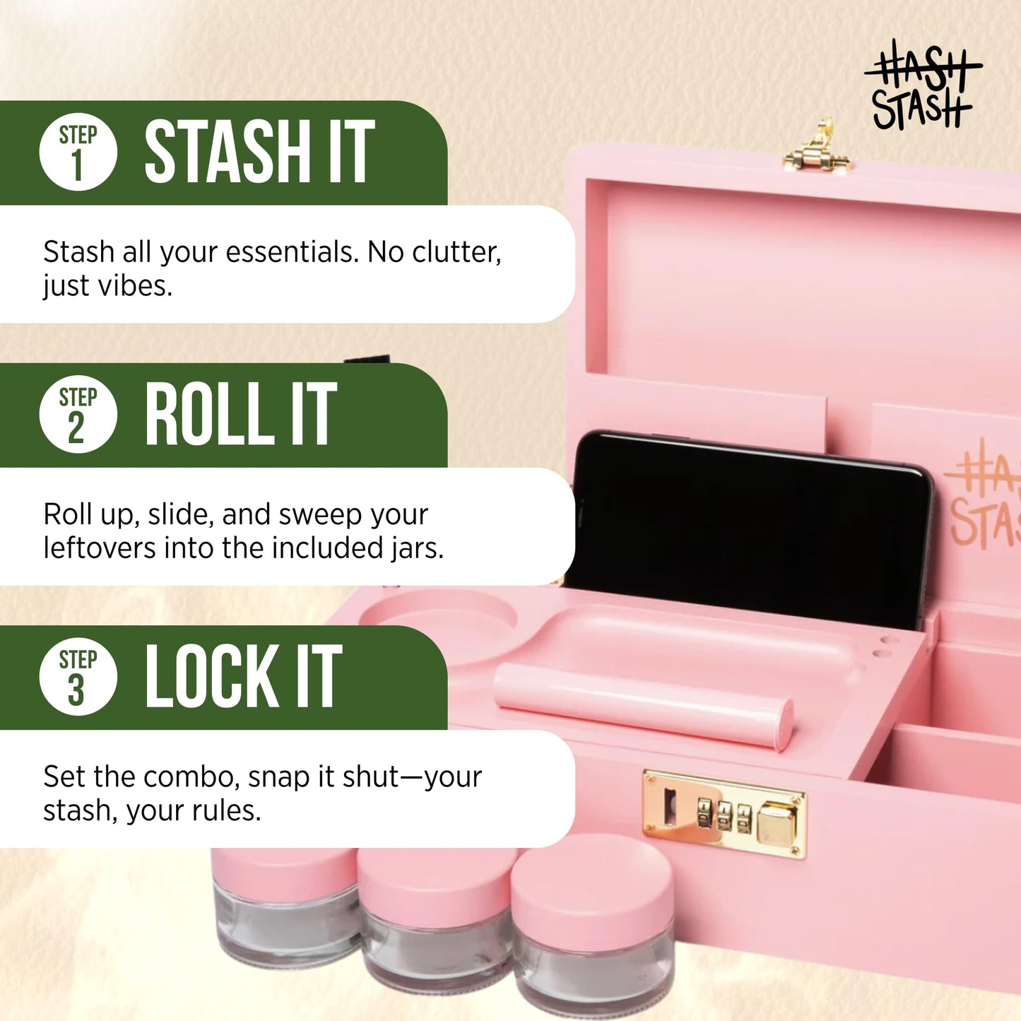 The OG Storage Box - Large Bamboo Box with Combination Lock, Magnetic Lid, Organizer Tray, Tube, Brush and 3 Smell-Proof Jars