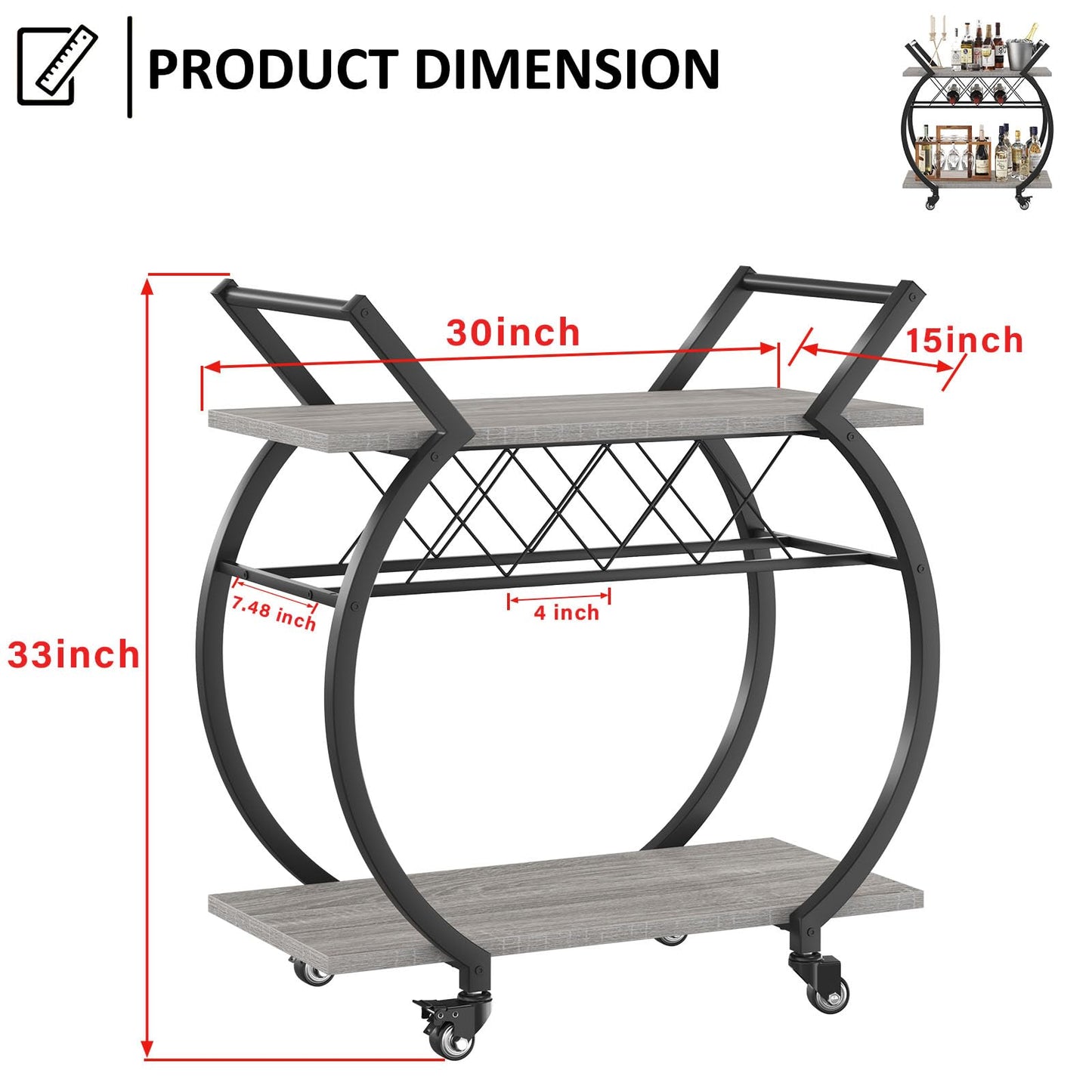 LVB Drinks Trolley on Wheels, Bar Cart with Wine Rack, Kitchen Coffee Cart, Industrial Wood and Metal Liquor Wine Cart for Home