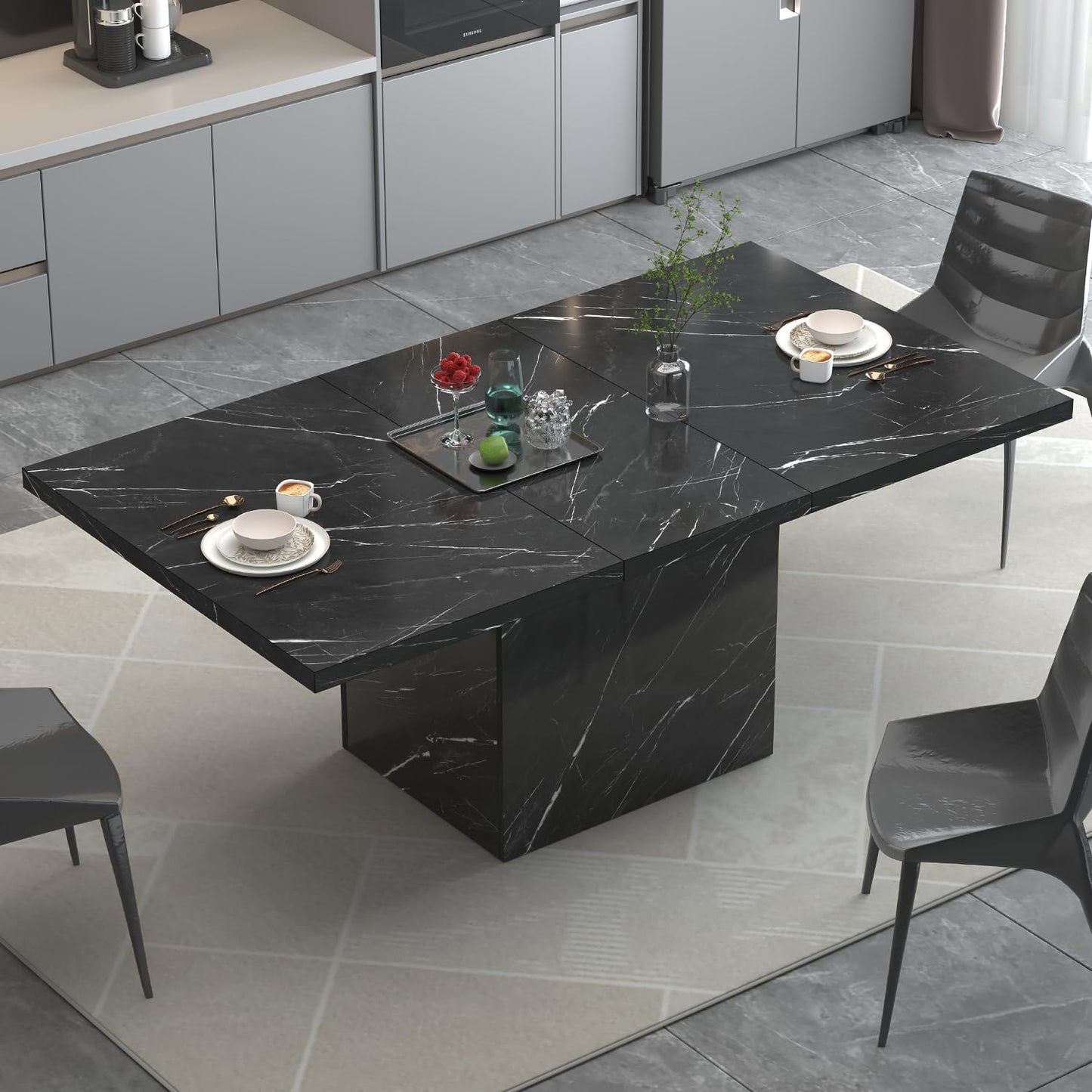 HSH Dining Table Modern Rectangle Kitchen Dinner Table 160cm Black Marble