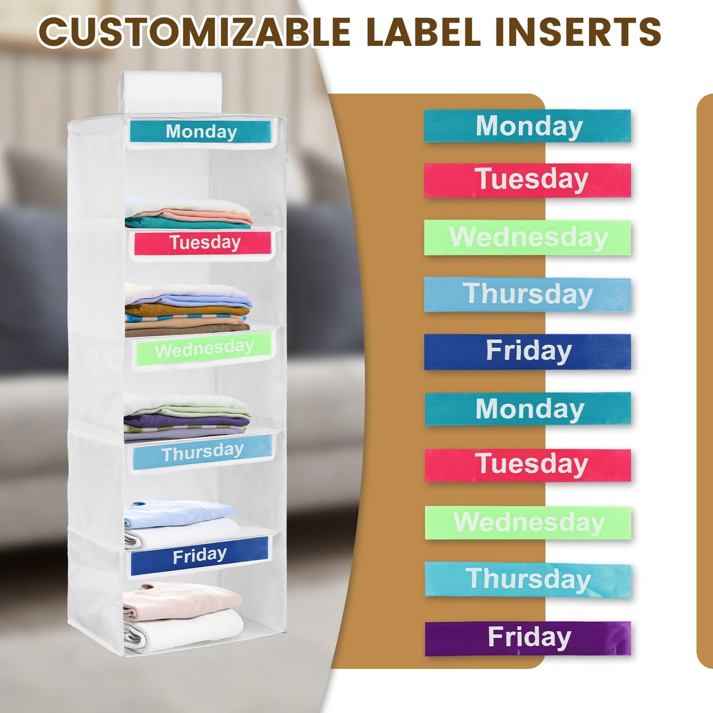 Weekly Clothes Organiser for Kids, 5-Shelf Hanging Storage Organiser for Daily Clothing, Day of The Week Children Clothes Organizer