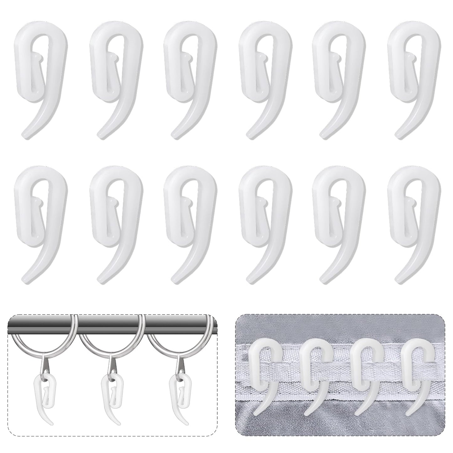 Curtain Hooks Plastic White Pack of 100, 2.8x1.2cm, Premium Drapery Hooks for Windows, Doors and Shower Curtains Fits Most of Curtains