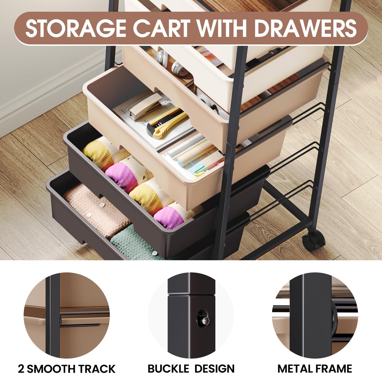 6-Drawer Craft Organizer Trolley Cart with Wooden Top, Brown