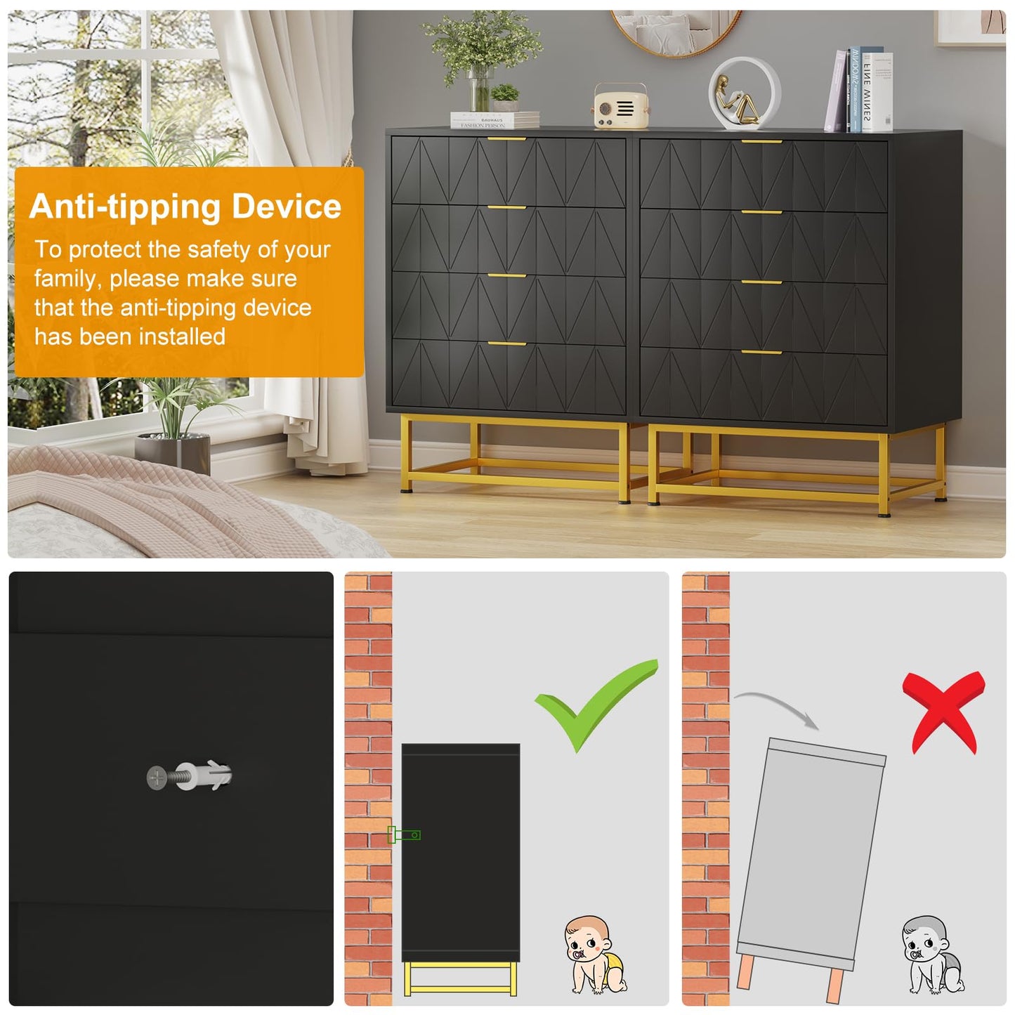 GarveeMore Chest of Drawers, 4 Drawer Wooden Bedroom Chest Cabinet with Metal Legs & Gold Handle, Modern Wide Storage Dresser for Bedroom