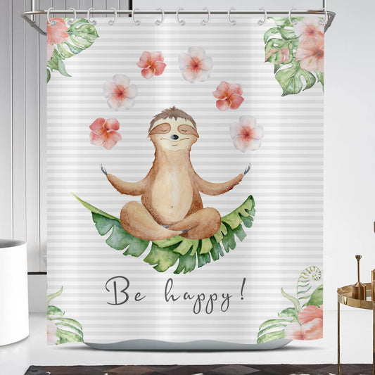 ASDCXZ Funny Shower Curtain 180x200 cm, Funny Tree Otter Be Happy Yoga Rose Flowers Green Tropical Leaves Washable Shower Curtains Polyester Textile