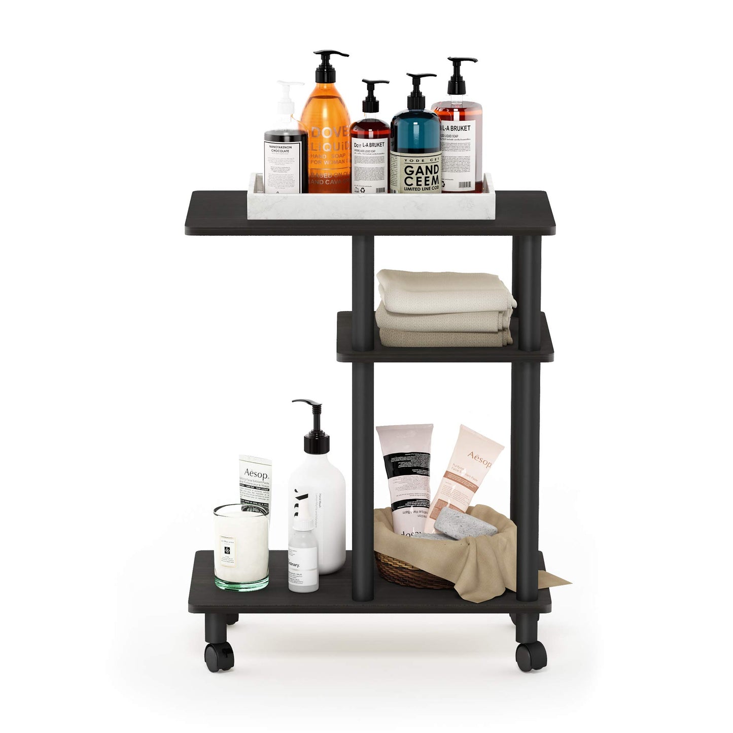 Furinno TURN-N-TUBE Side Table, 3-Tier C-Shape End Table with Wheels, Toolless Assembly Night Stand, Bedside Table with Open Shelf, for Living Room