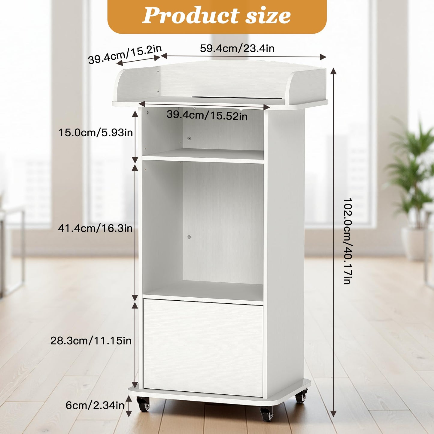 Suuiwau Portable Podium Stand with Adjustable Shelf & Lockable Wheels