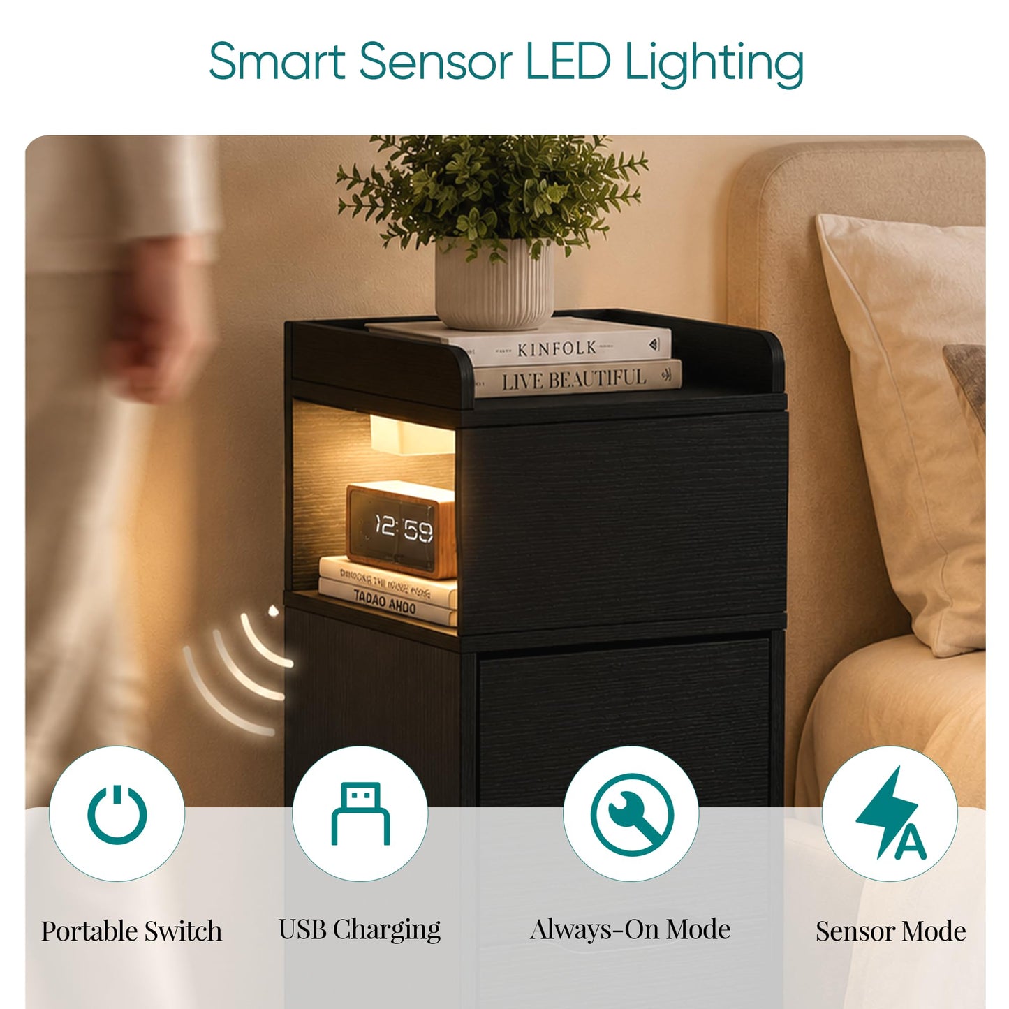 Quikraen 27cm Slim Bedside Table with Charging Station and Sensor LED Light