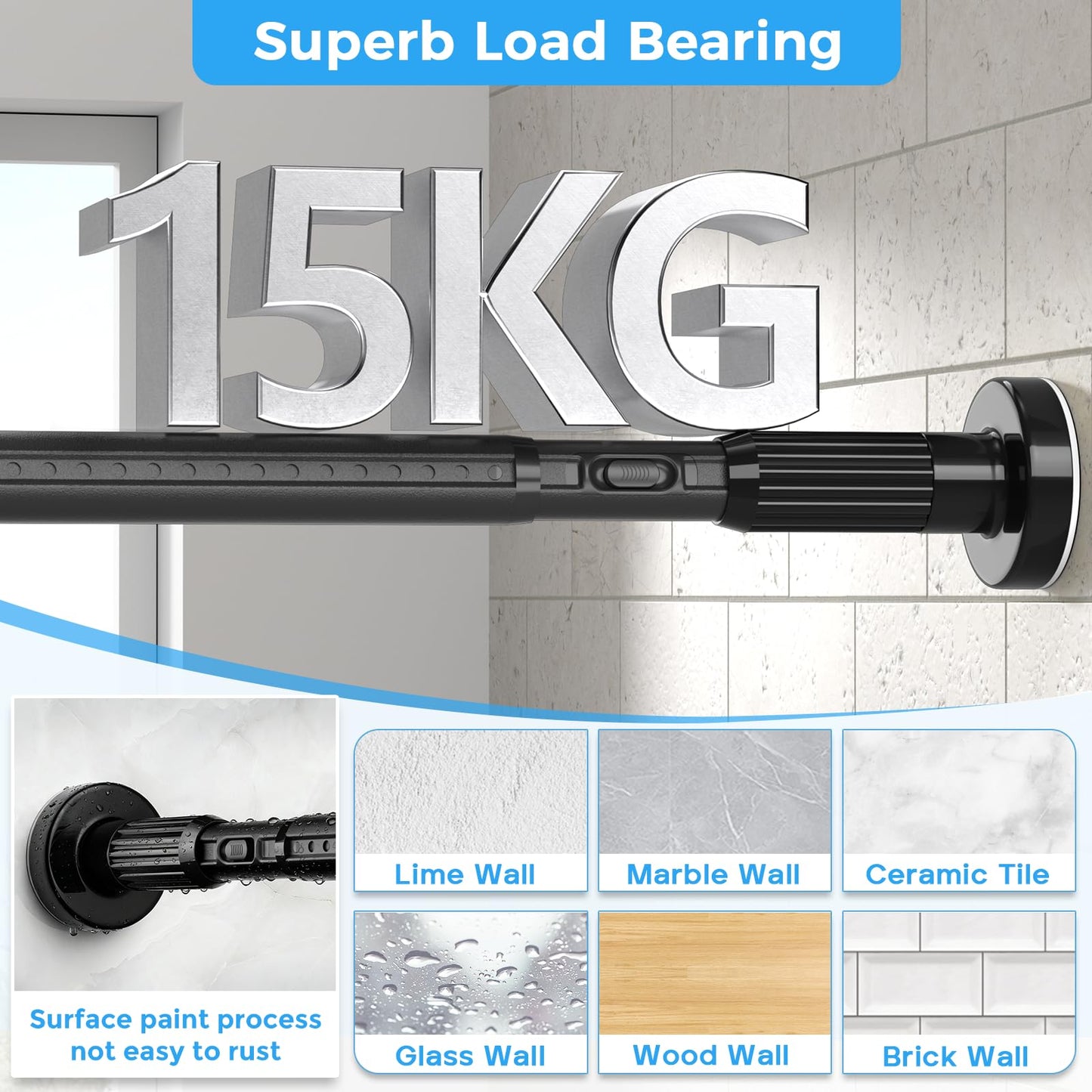 AIZESI Black Shower Curtain Pole 105-262Cm, Extendable Curtain Poles Extra Long Tension Rod, Shower Curtain Rail Room Divider Curtain Rod