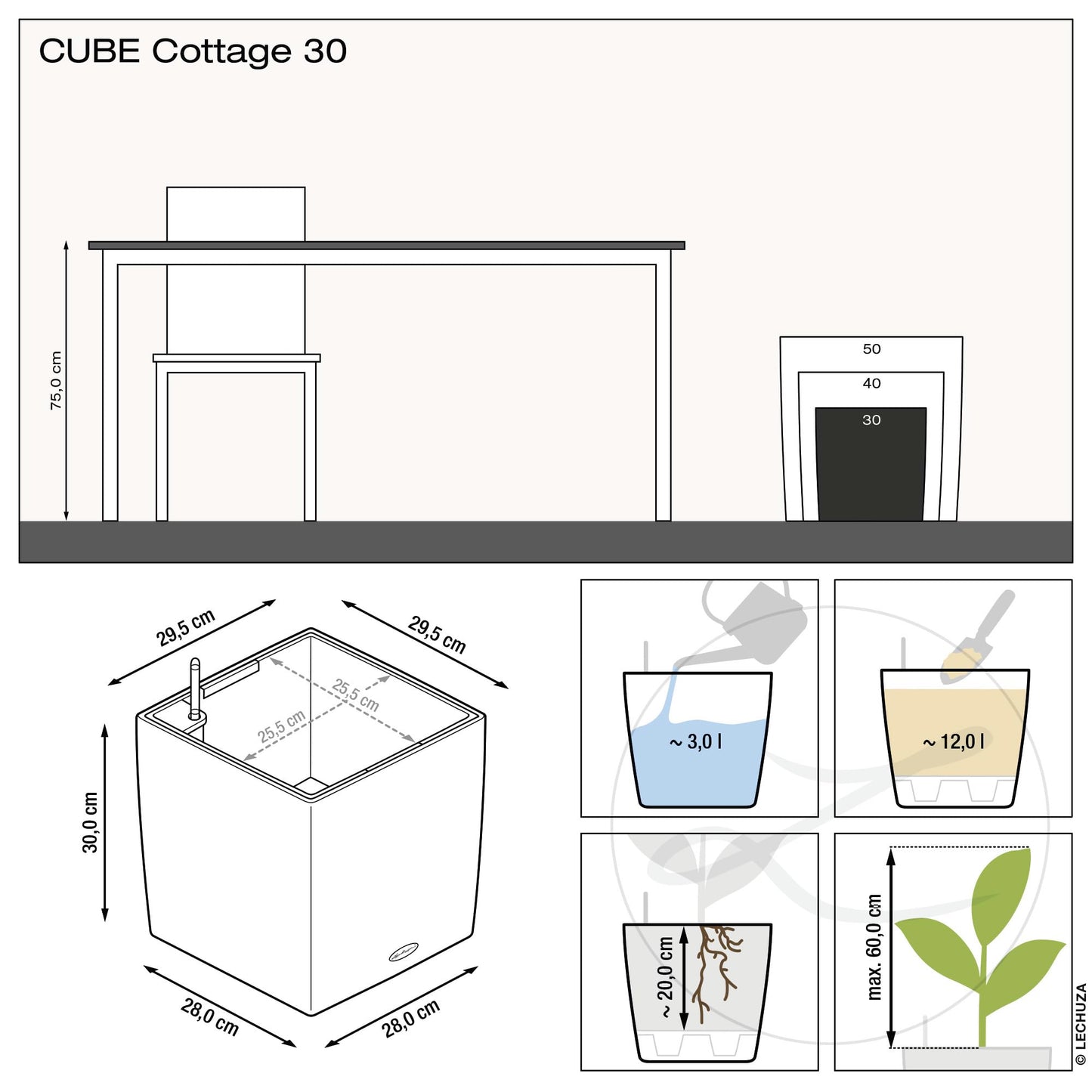 Lechuza Self Watering Plant Pots CUBE Cottage 30 Rattan Look Plastic Garden Outdoor Indoor Planter with Drainage Hole H30 L30 W30 cm White