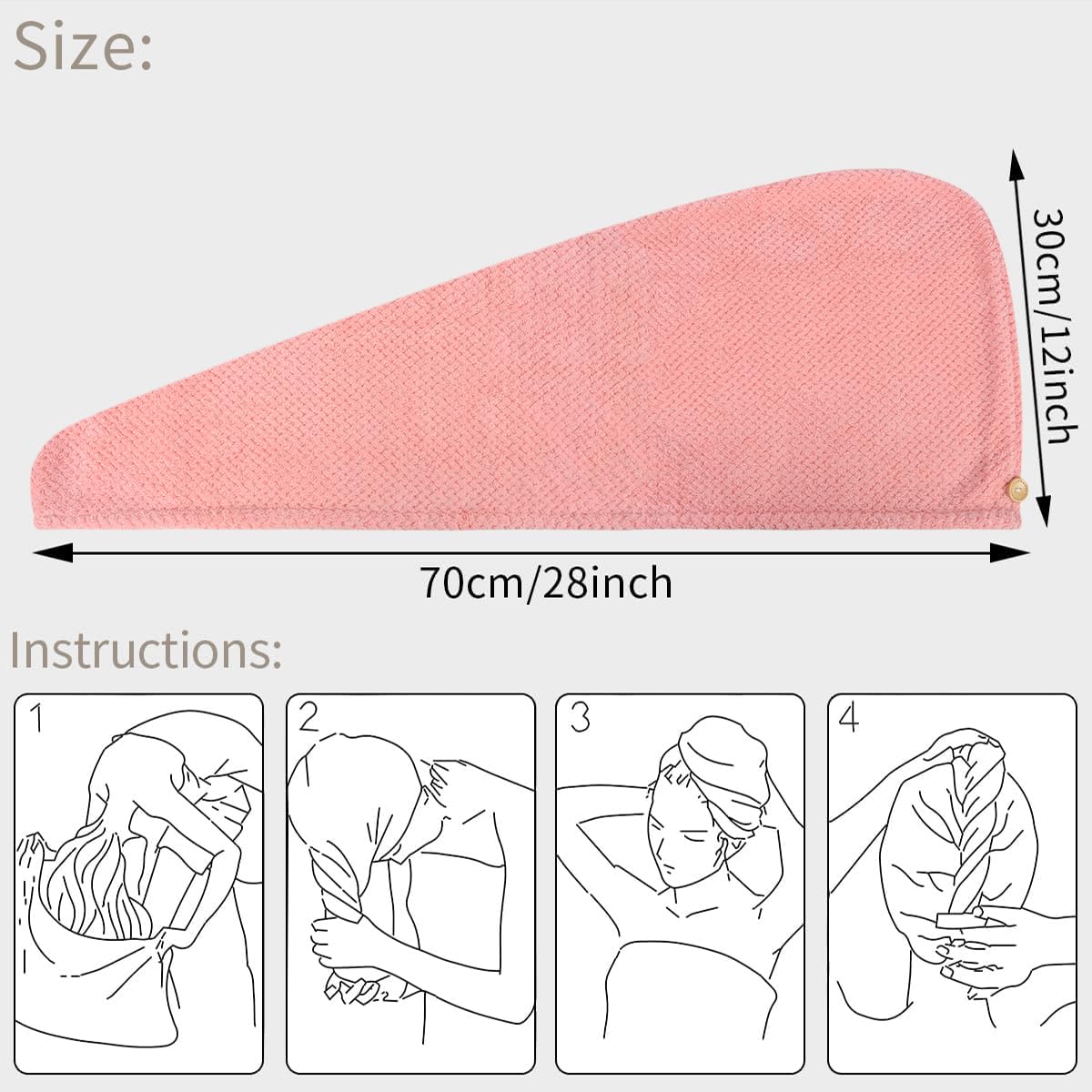 KinHwa Microfibre Hair Towels Wrap Super Absorbent 30x70cm Large Dry Hair Turban for Women Wet Long Thick Hair 2 Pack (Pink+Grey)