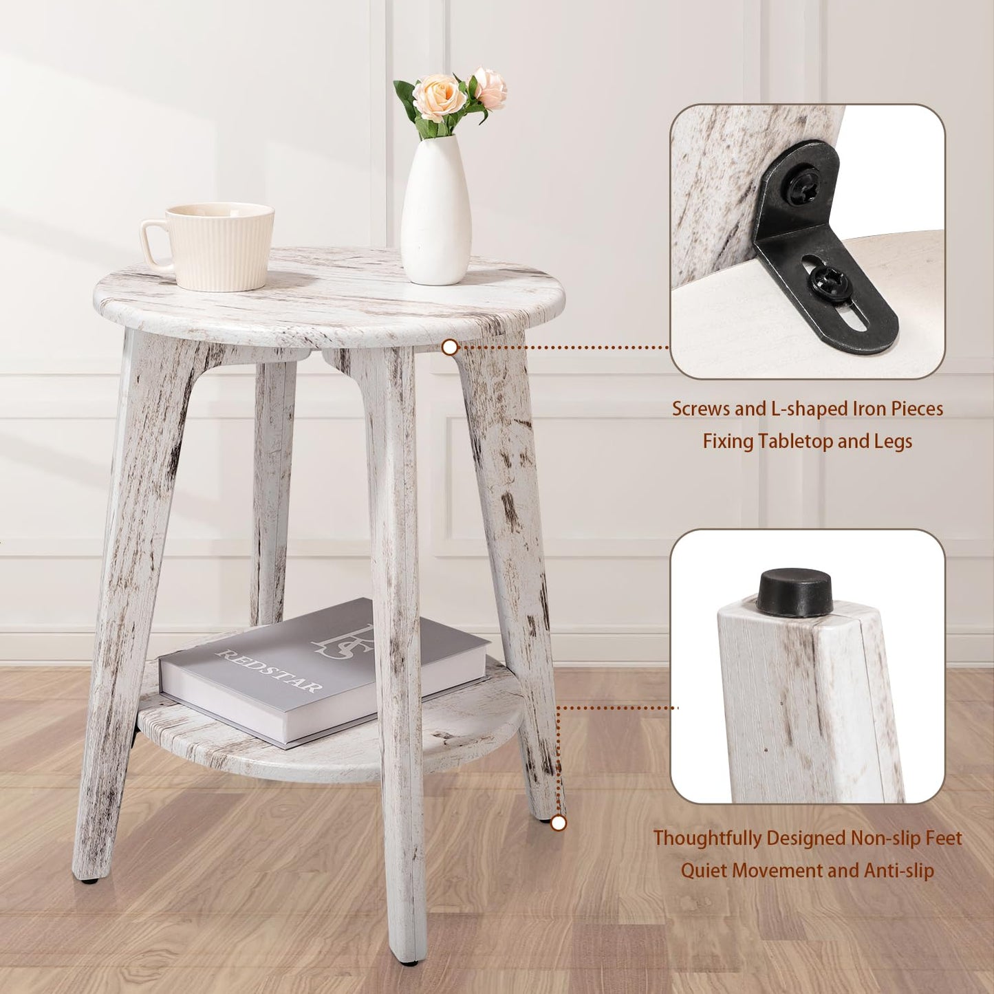 FEUFOAM Round Side Table White Wooden End Table with Lower Shelf Rustic Vintage Nightstand Beside Table Small Accent Tables for Living Room Bedroom