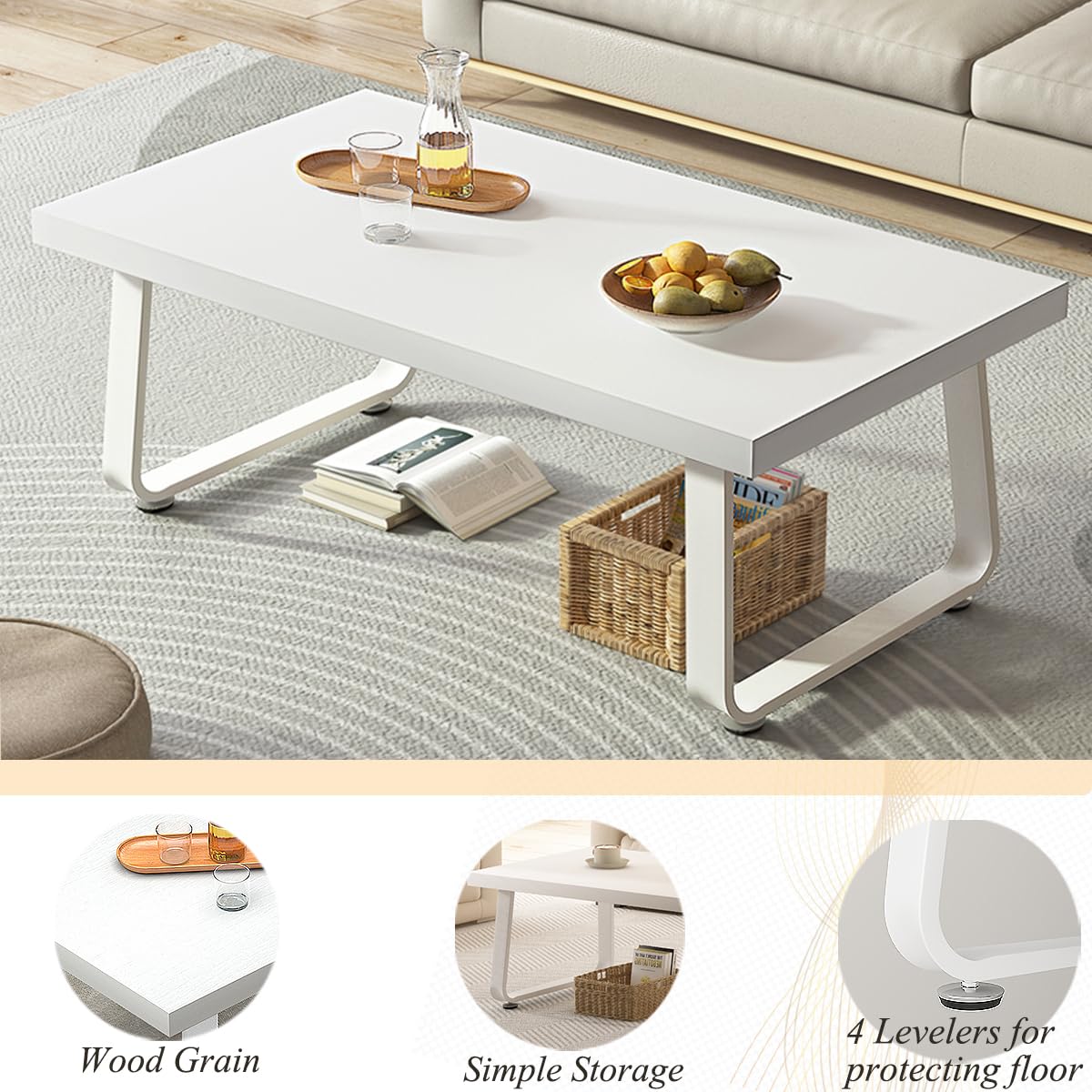 HSH White Oak Coffee Table, 60D×120W×46.5H cm, Rustic Industrial Wooden Coffee Table for Living Room Bedroom Office