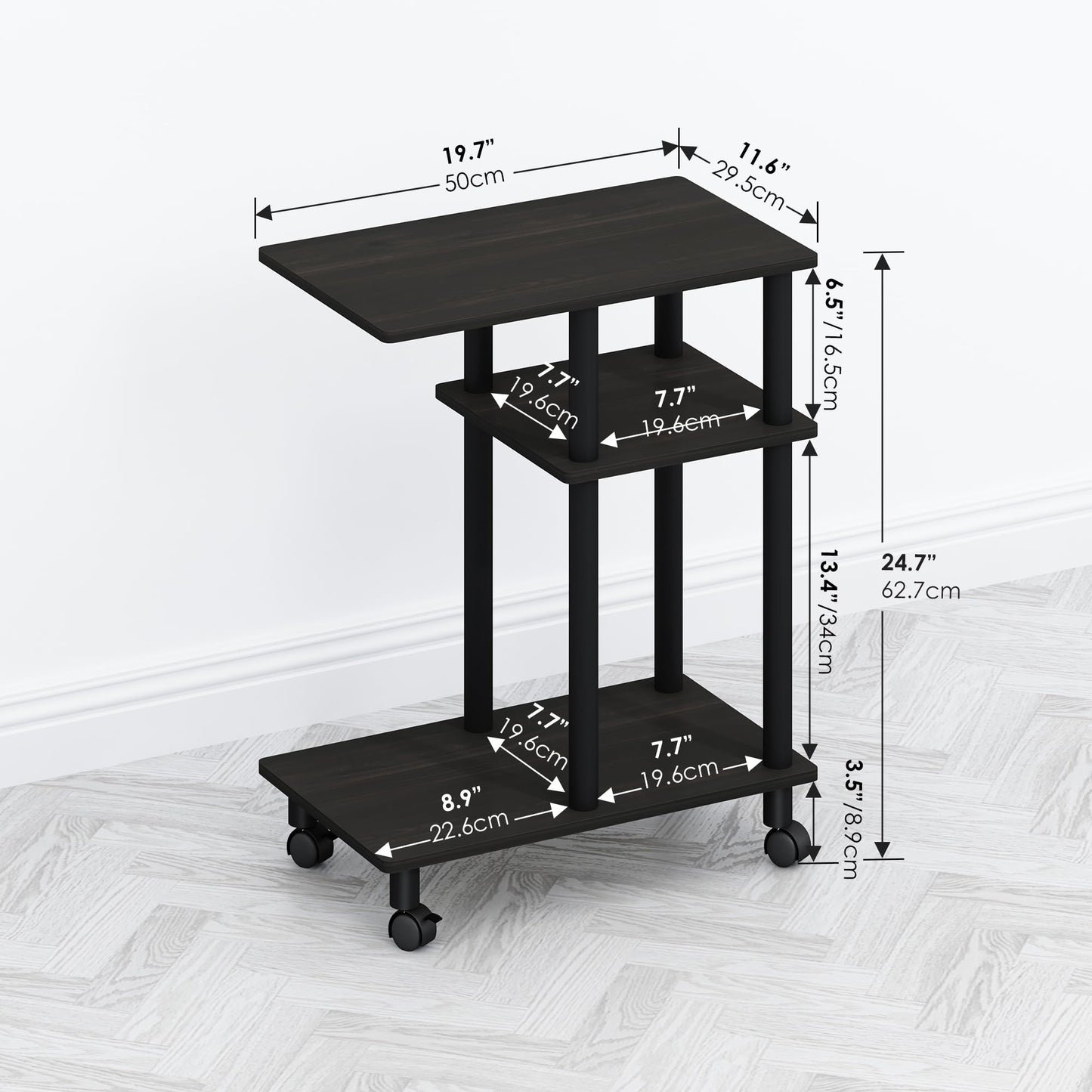 Furinno TOMI Side Table, 3-Tier C-Shape Open Shelf End Table with Wheels, Night Stand, Bedside Table, Toolless Assembly, for Living Room, Bedroom