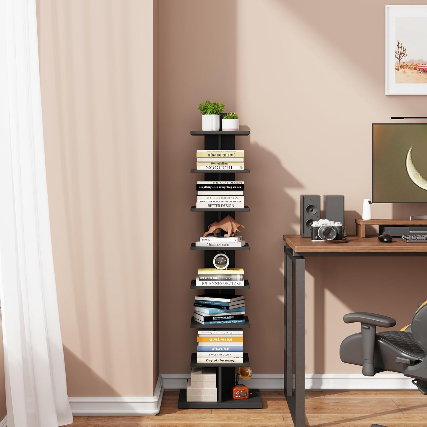 TUTOTAK Vertical Bookshelf, 8-Tier Bookcase, Narrow Spine Book Shelf for Small Space, Corner Standing Shelf for Living Room, Office, Study, Entryway