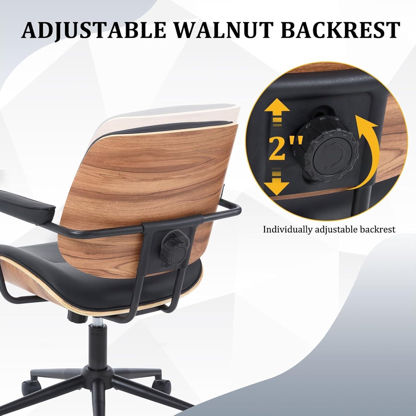 BERYTH Office Computer Desk Chair Mid Century Modern Office Chair Swivel Rolling Task Chair with Armrests and Walnut Back, Adjustable